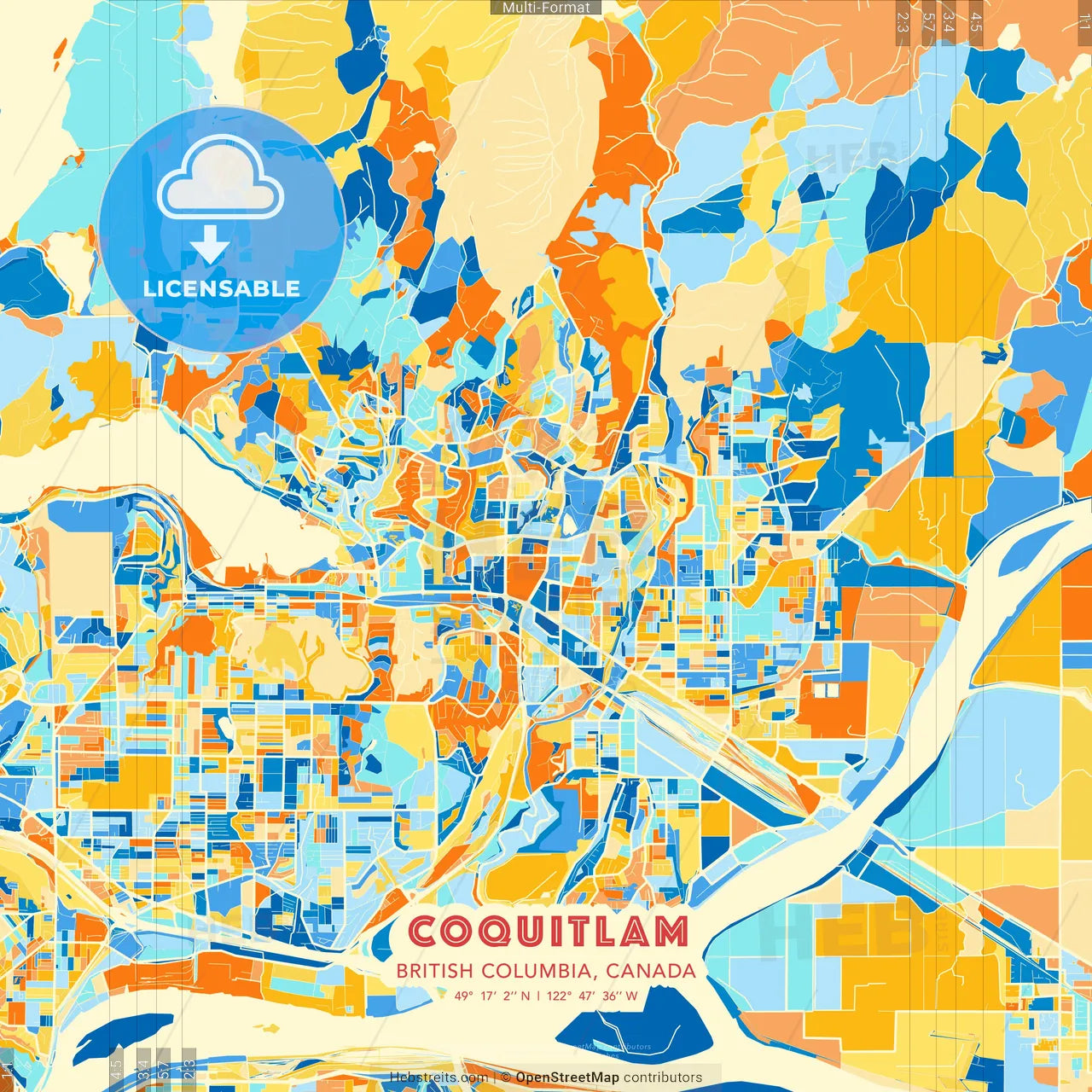 Coquitlam, British Columbia, Canada blue and orange vector art map template