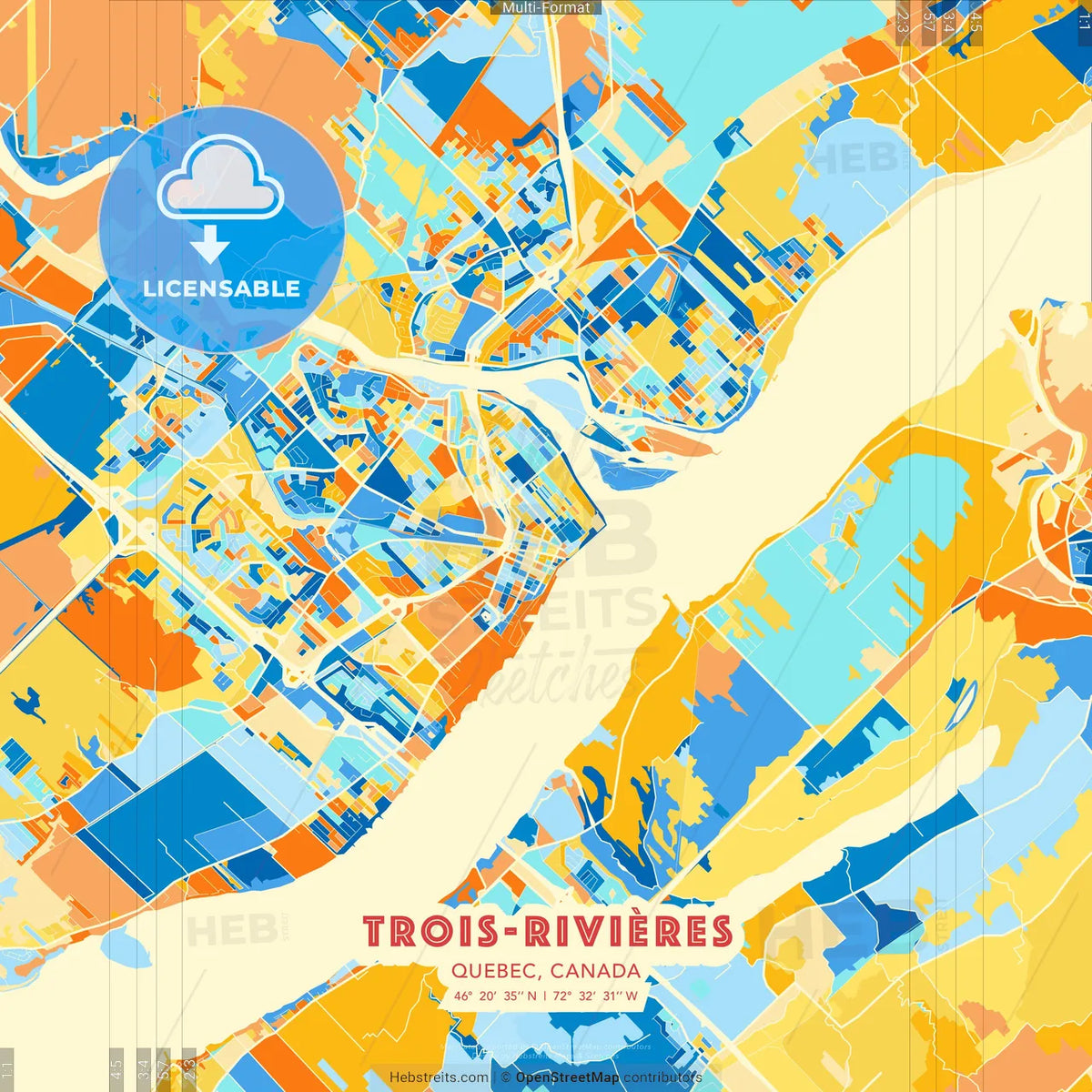 Trois-Rivières, Quebec, Canada blue and orange vector art map template