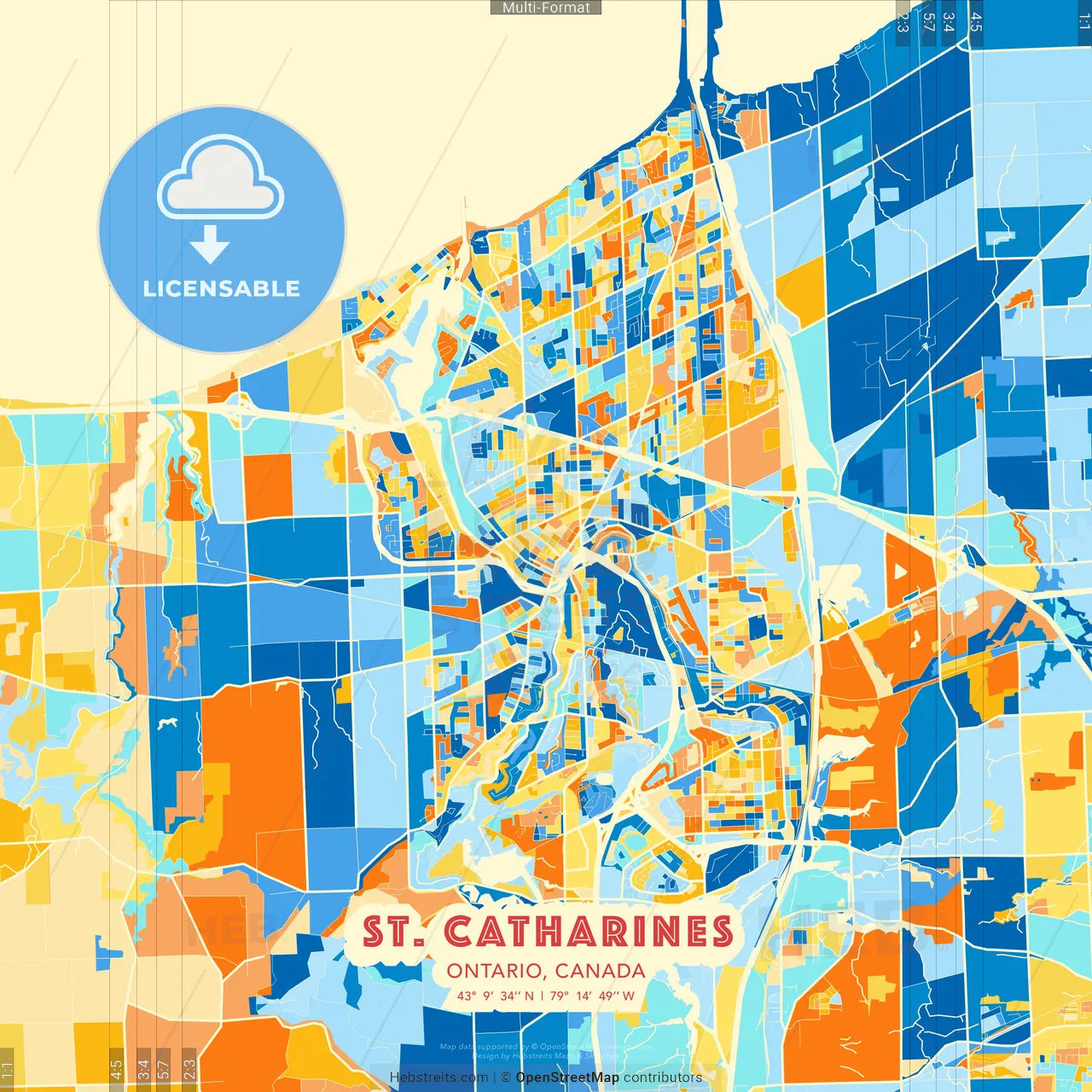 St. Catharines, Ontario, Canada blue and orange vector art map template