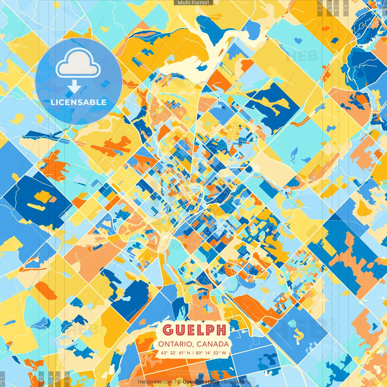 Guelph, Ontario, Canada blue and orange vector art map template