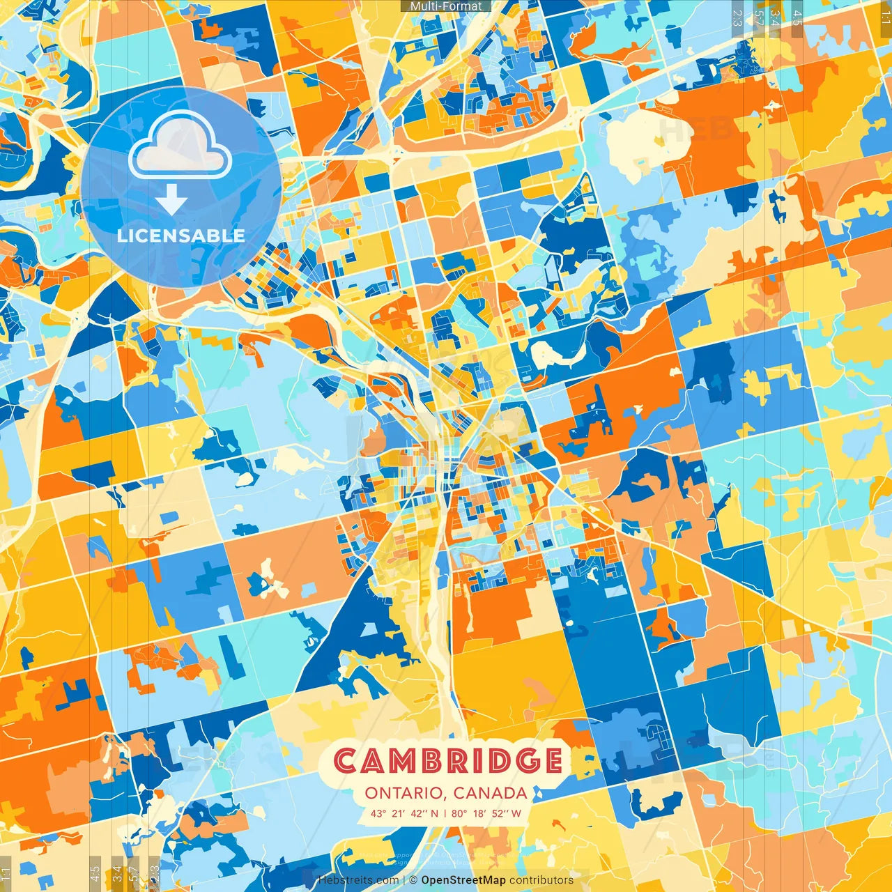 Cambridge, Ontario, Canada blue and orange vector art map template