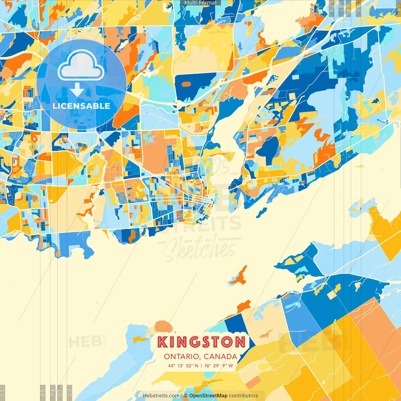 Kingston, Ontario, Canada blue and orange vector art map template