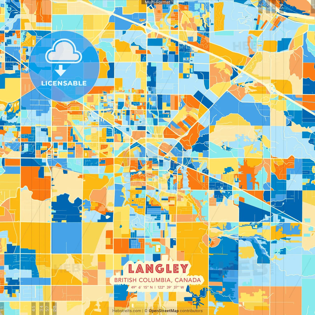 Langley, British Columbia, Canada blue and orange vector art map template