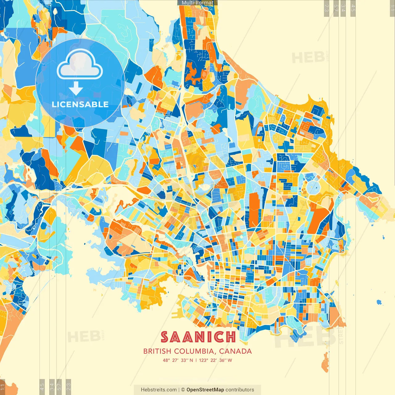 Saanich, British Columbia, Canada blue and orange vector art map template