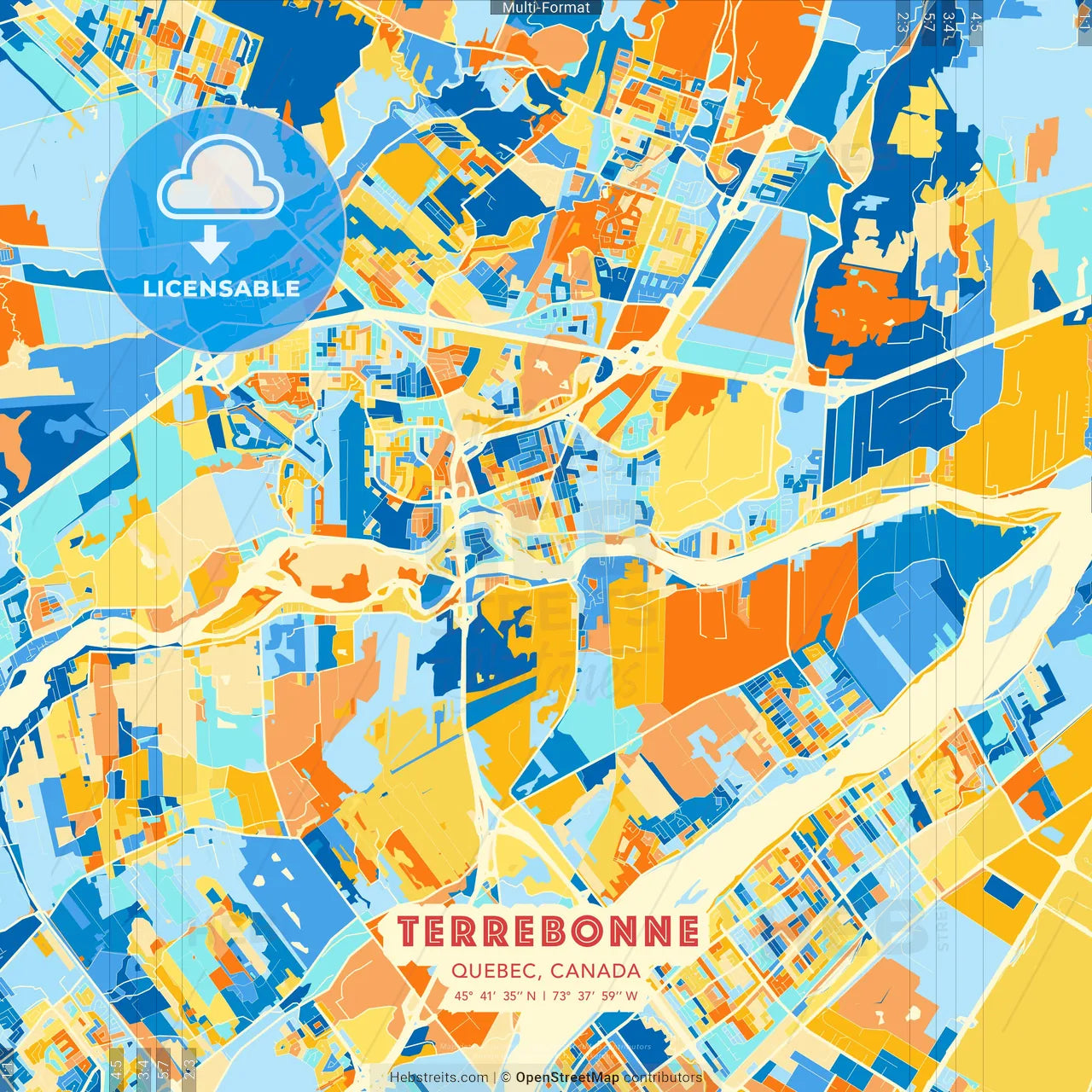 Terrebonne, Quebec, Canada blue and orange vector art map template