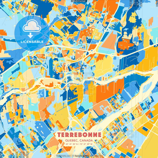 Terrebonne, Quebec, Canada blue and orange vector art map template