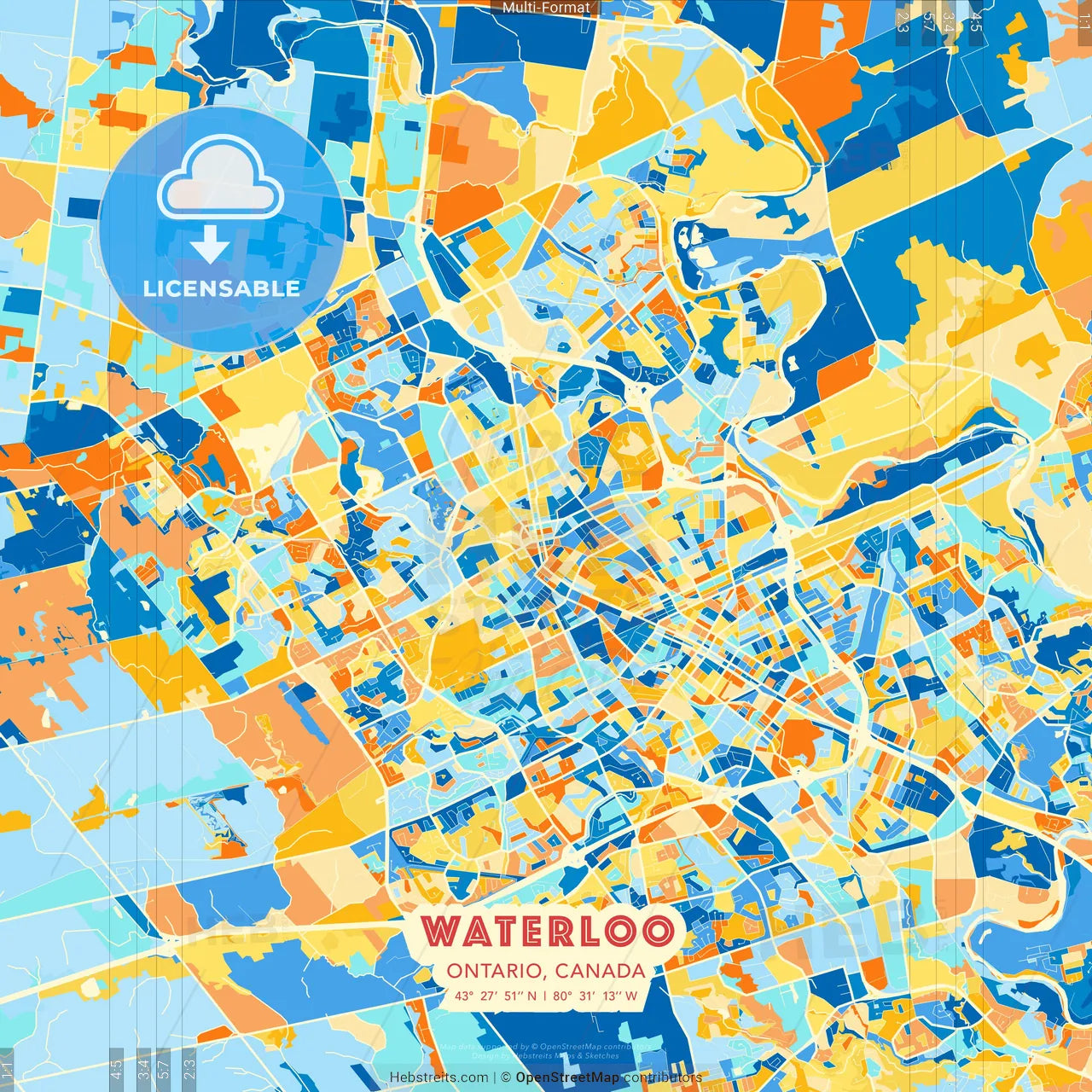 Waterloo, Ontario, Canada blue and orange vector art map template