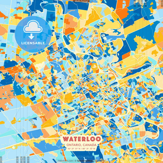Waterloo, Ontario, Canada blue and orange vector art map template