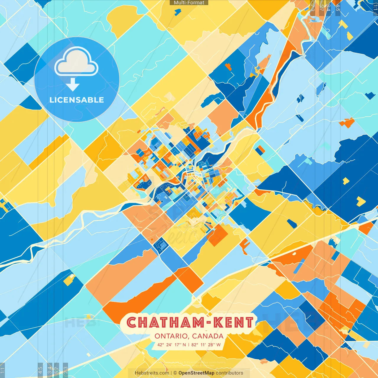 Chatham-Kent, Ontario, Canada blue and orange vector art map template