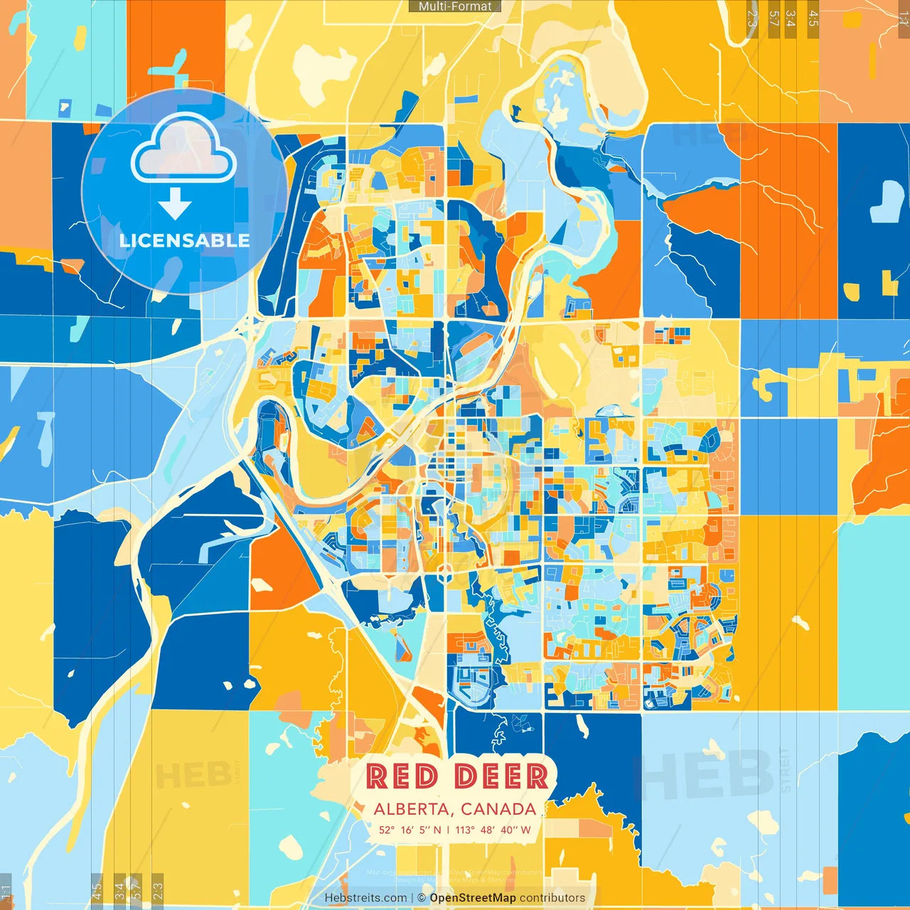 Red Deer, Alberta, Canada blue and orange vector art map template