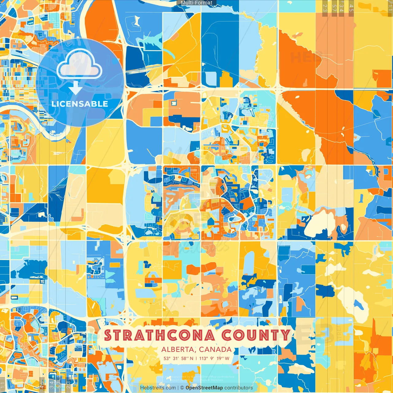 Strathcona County, Alberta, Canada blue and orange vector art map template