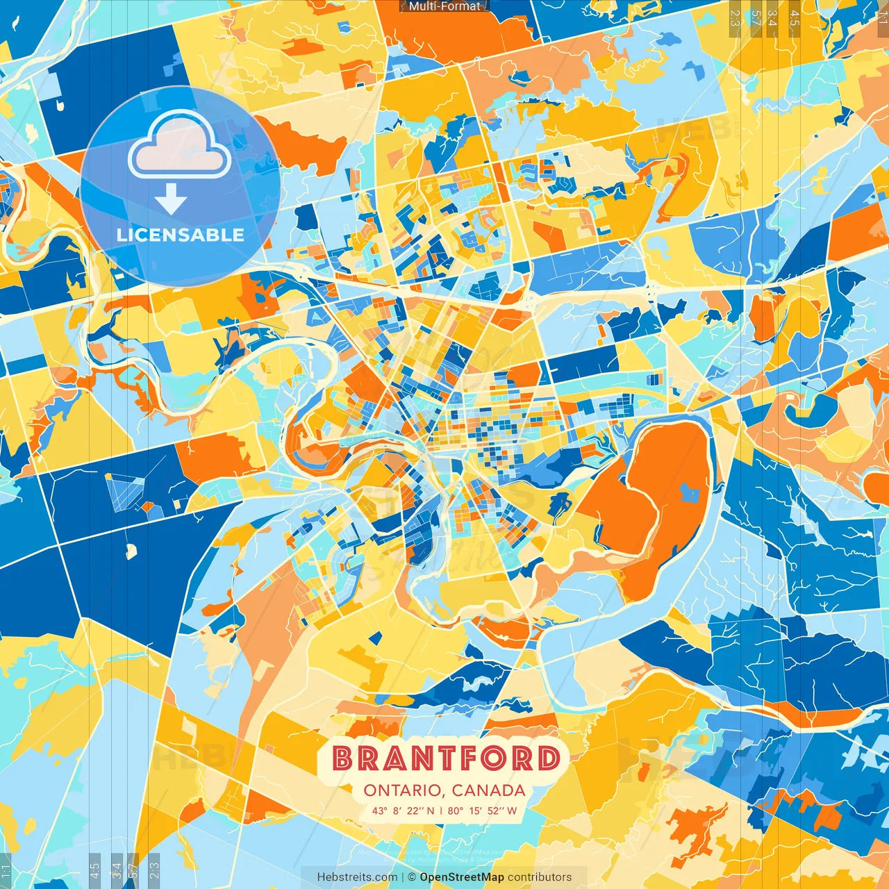 Brantford, Ontario, Canada blue and orange vector art map template