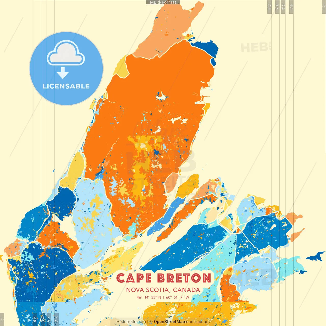 Cape Breton, Nova Scotia, Canada blue and orange vector art map template