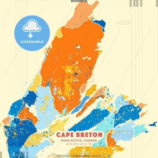 Cape Breton, Nova Scotia, Canada blue and orange vector art map template