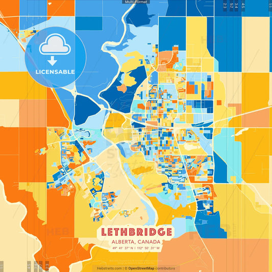 Lethbridge, Alberta, Canada blue and orange vector art map template