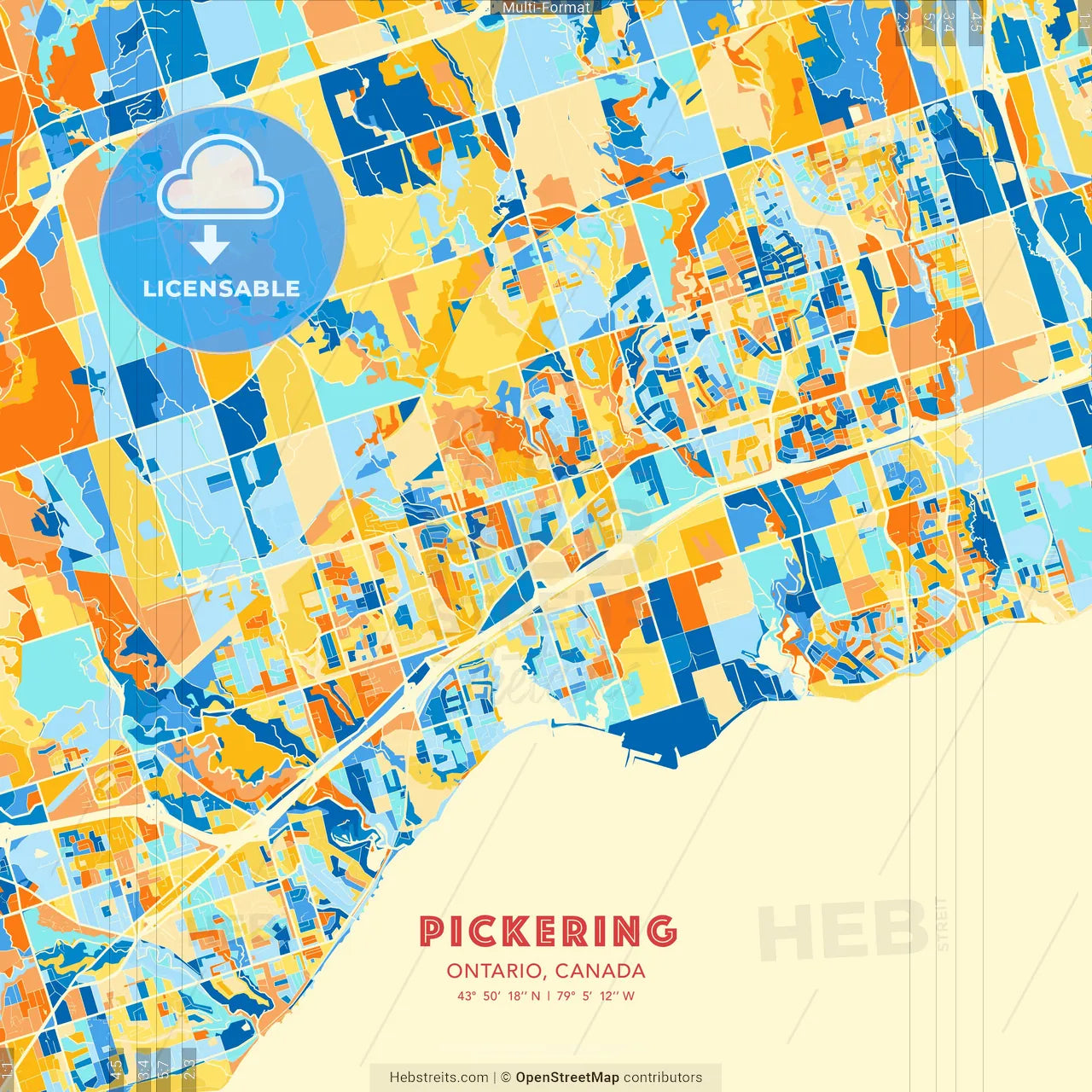 Pickering, Ontario, Canada blue and orange vector art map template