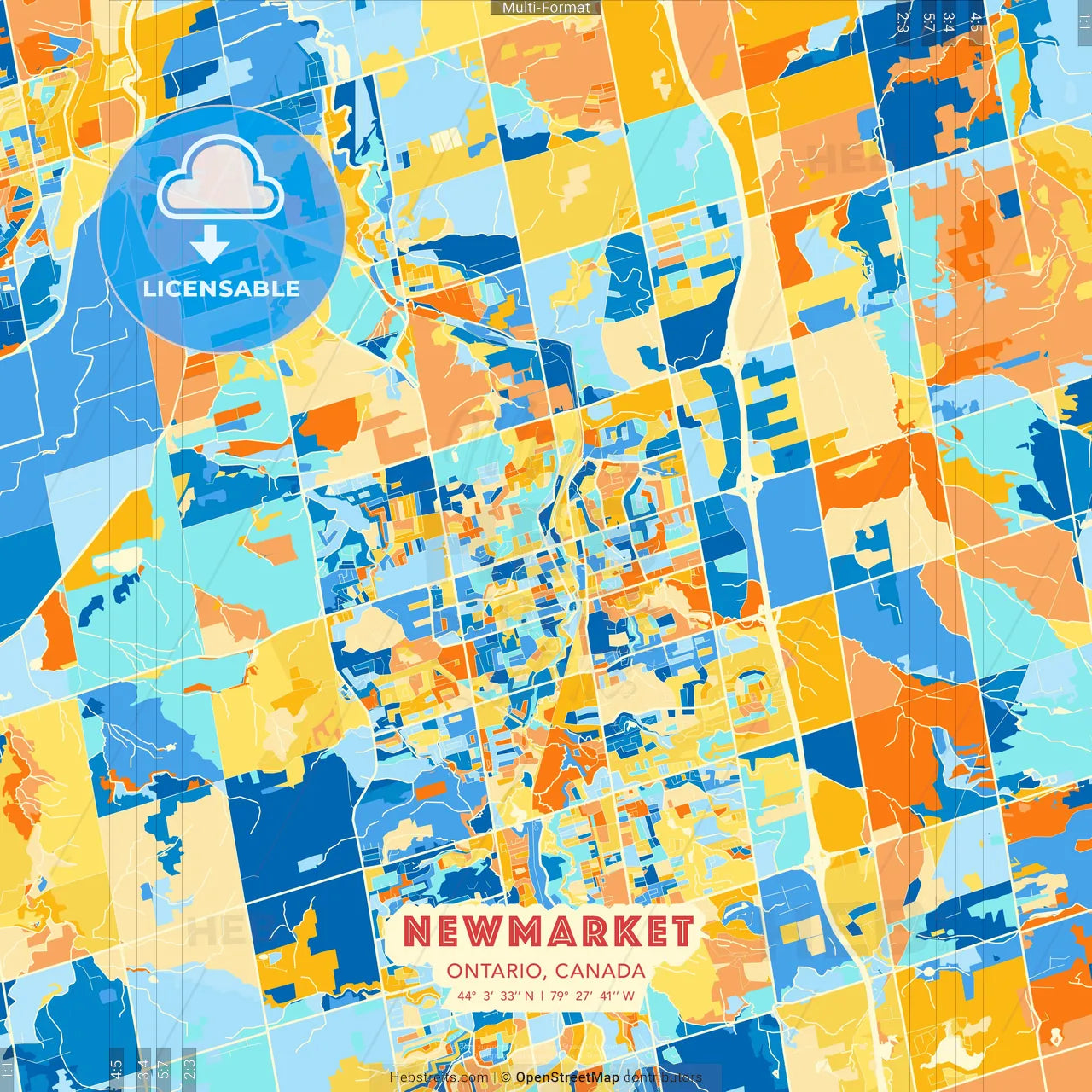 Newmarket, Ontario, Canada blue and orange vector art map template