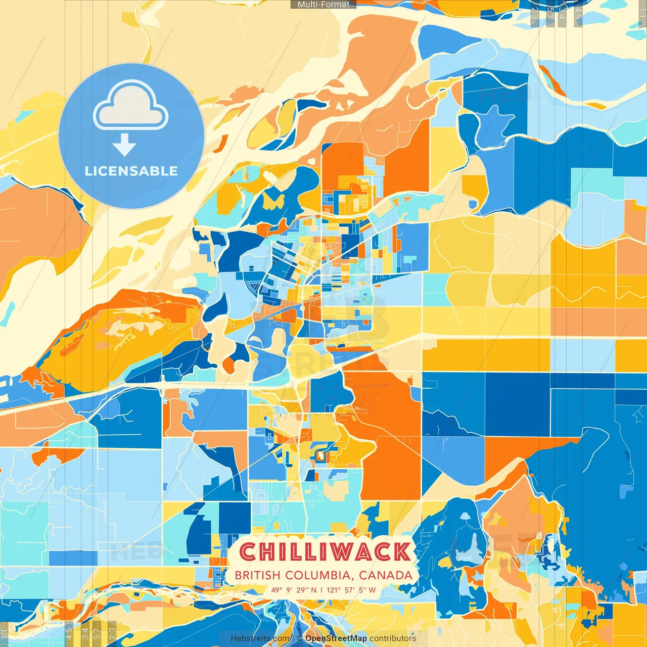 Chilliwack, British Columbia, Canada blue and orange vector art map template