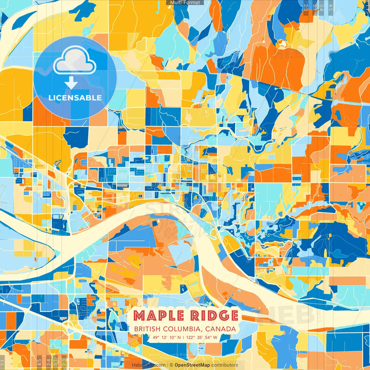 Maple Ridge, British Columbia, Canada blue and orange vector art map template