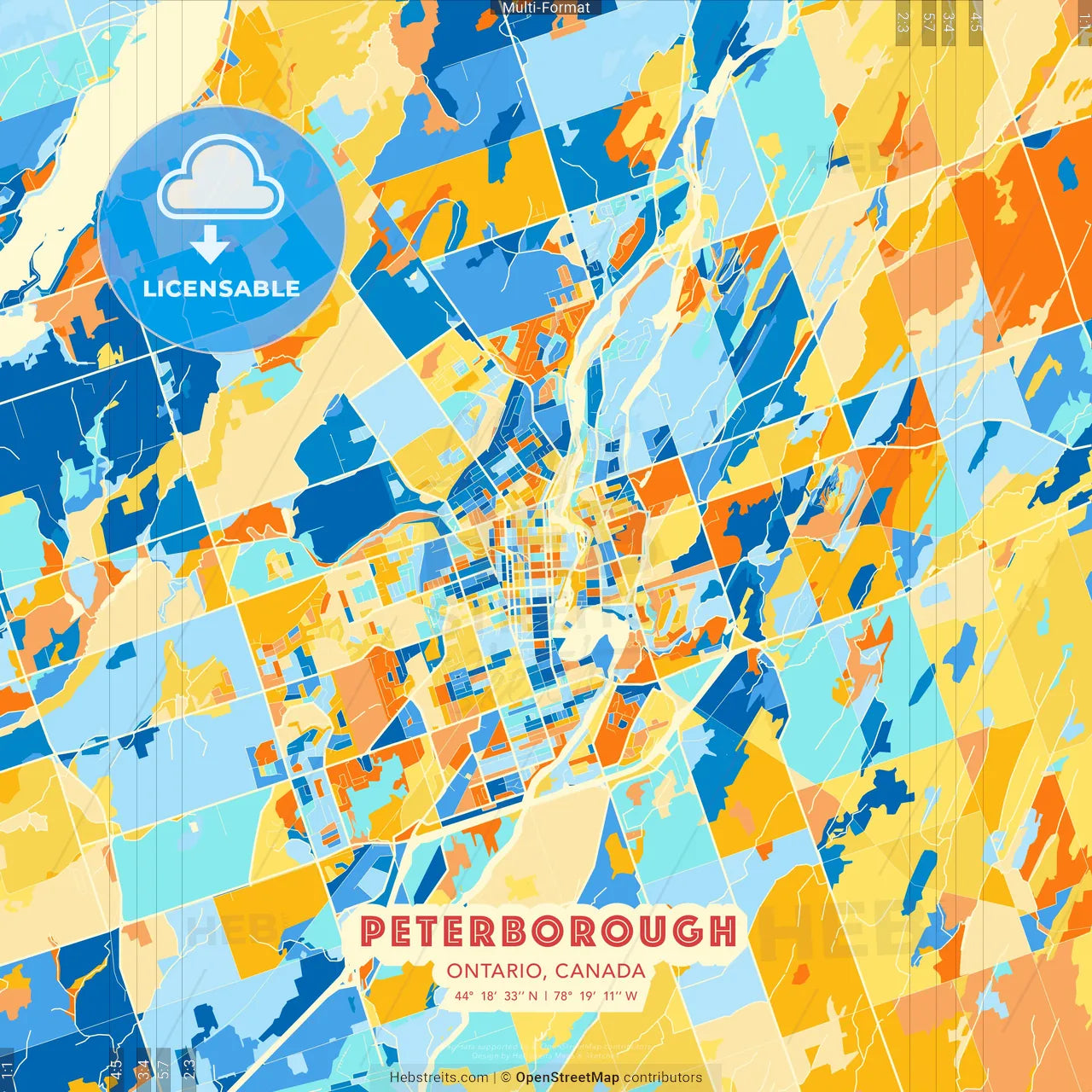 Peterborough, Ontario, Canada blue and orange vector art map template