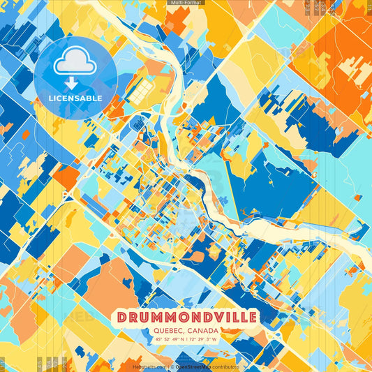 Drummondville, Quebec, Canada blue and orange vector art map template