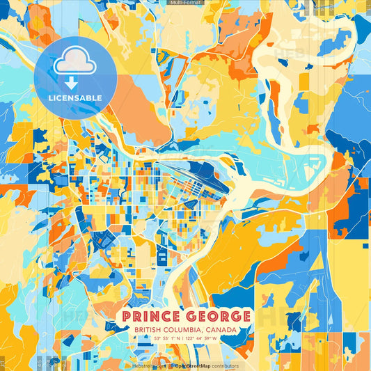 Prince George, British Columbia, Canada blue and orange vector art map template