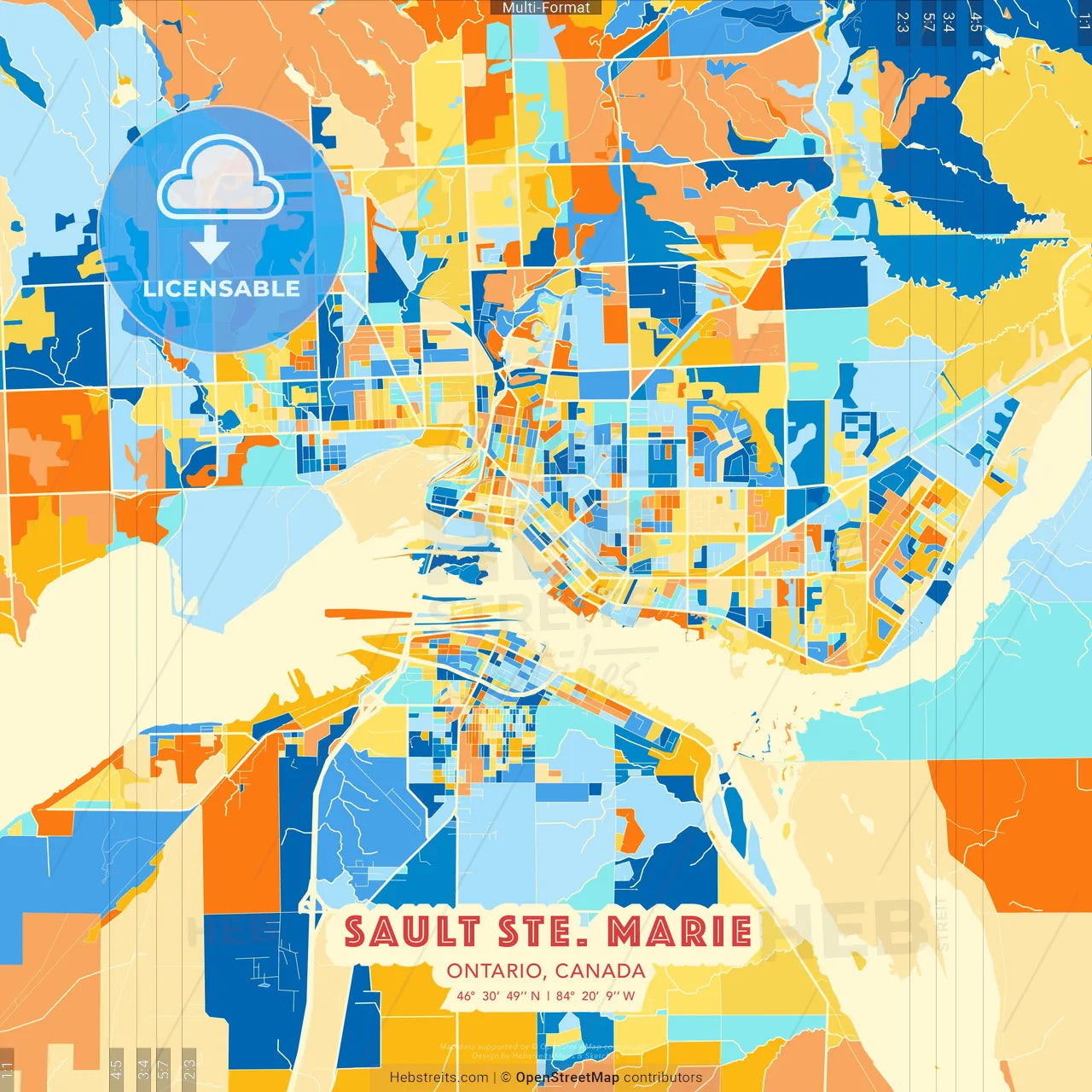 Sault Ste. Marie, Ontario, Canada blue and orange vector art map template