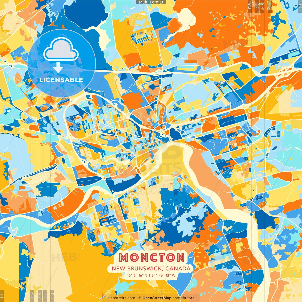 Moncton, New Brunswick, Canada blue and orange vector art map template