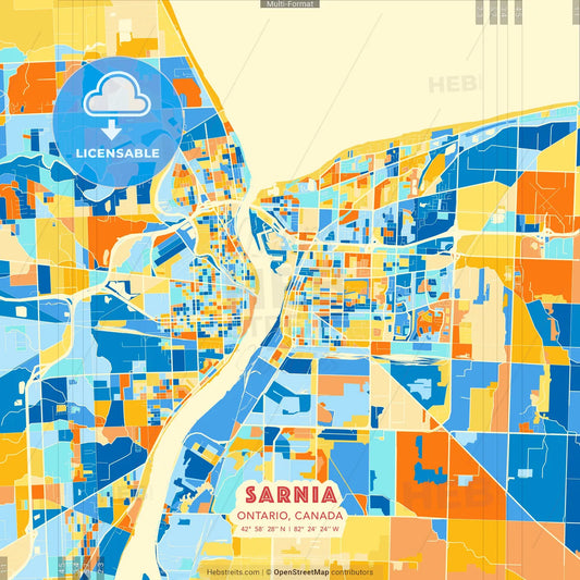 Sarnia, Ontario, Canada blue and orange vector art map template