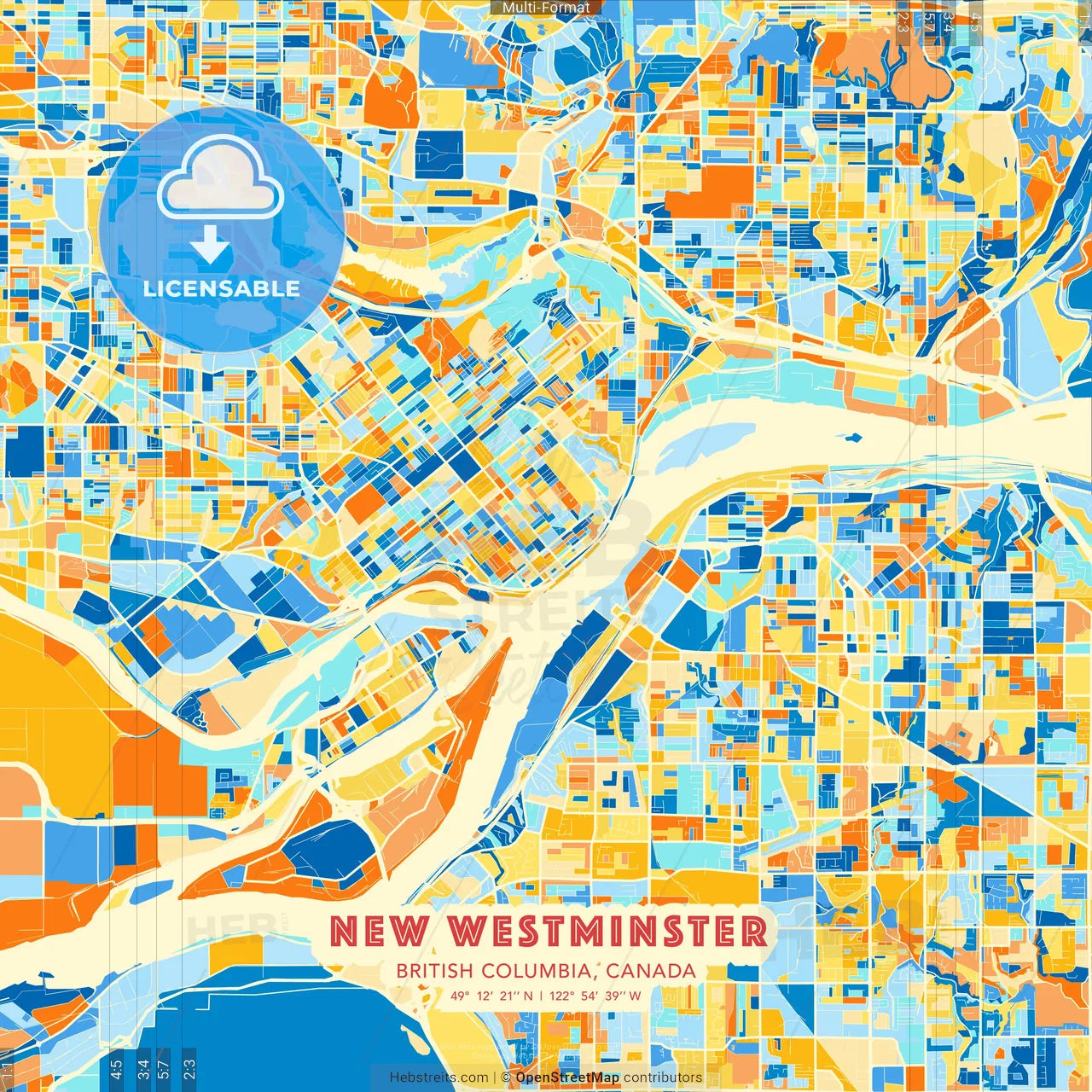 New Westminster, British Columbia, Canada blue and orange vector art map template