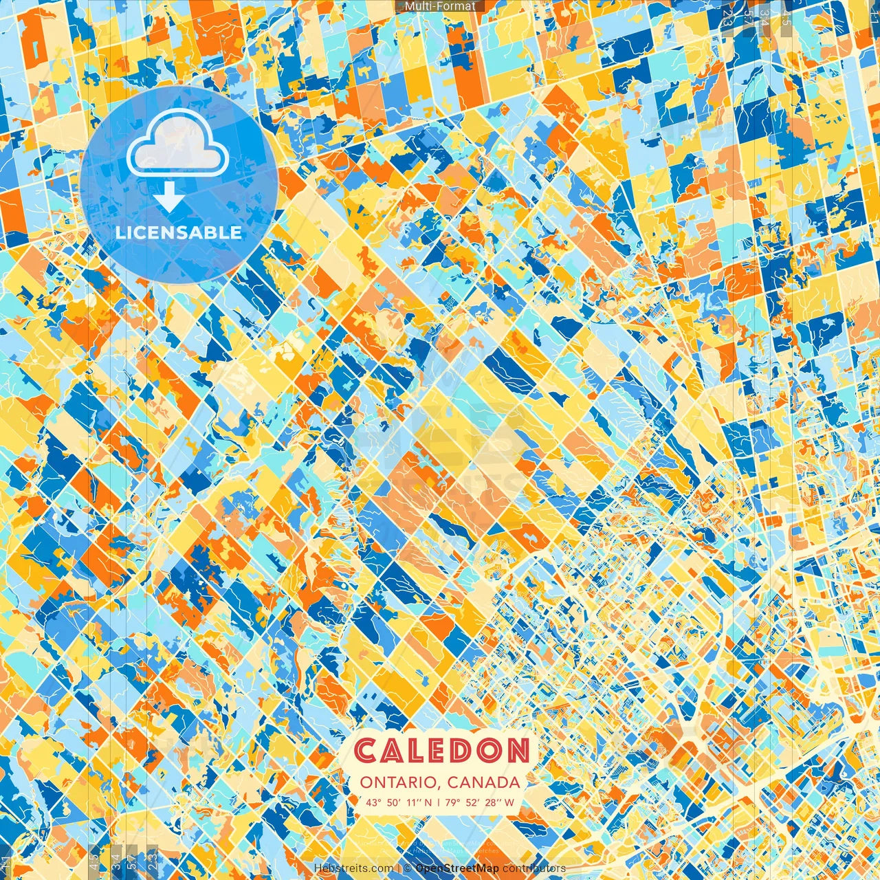 Caledon, Ontario, Canada blue and orange vector art map template