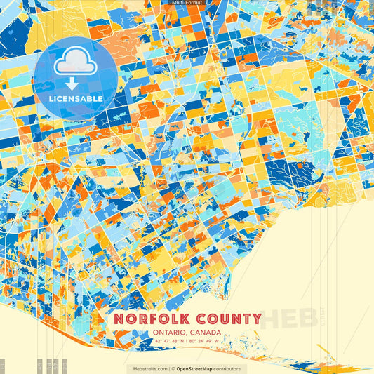 Norfolk County, Ontario, Canada blue and orange vector art map template