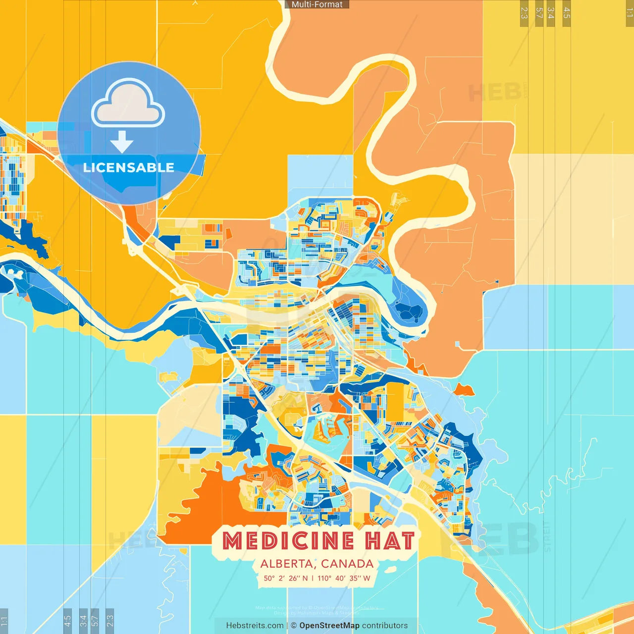 Medicine Hat, Alberta, Canada blue and orange vector art map template