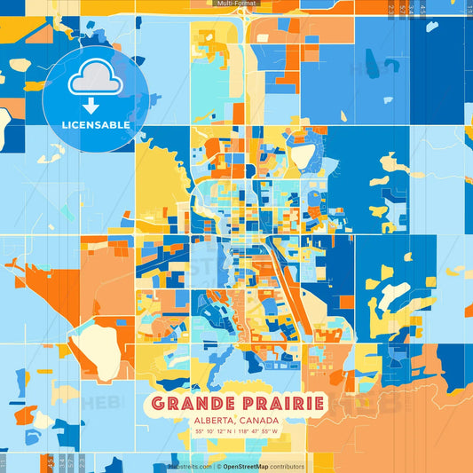 Grande Prairie, Alberta, Canada blue and orange vector art map template