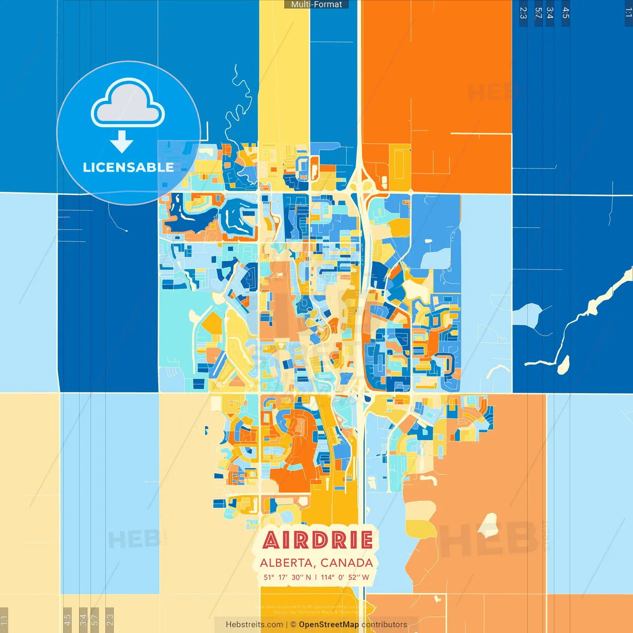 Airdrie, Alberta, Canada blue and orange vector art map template