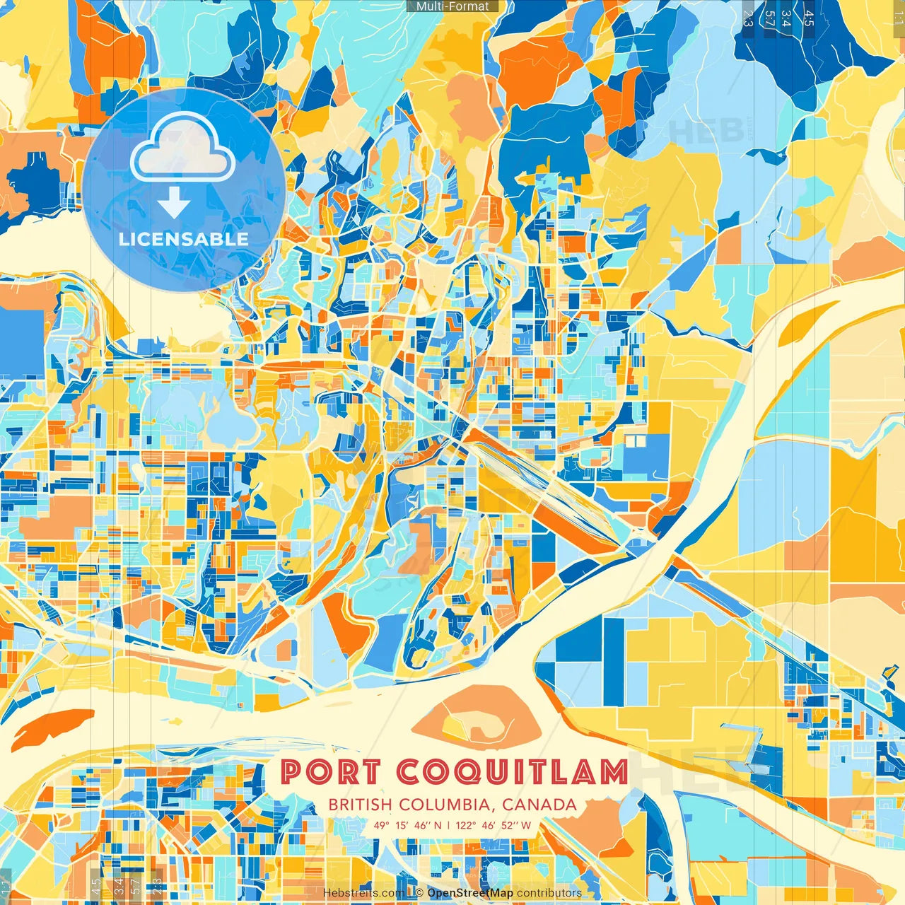 Port Coquitlam, British Columbia, Canada blue and orange vector art map template