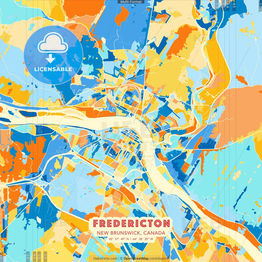 Fredericton, New Brunswick, Canada blue and orange vector art map template