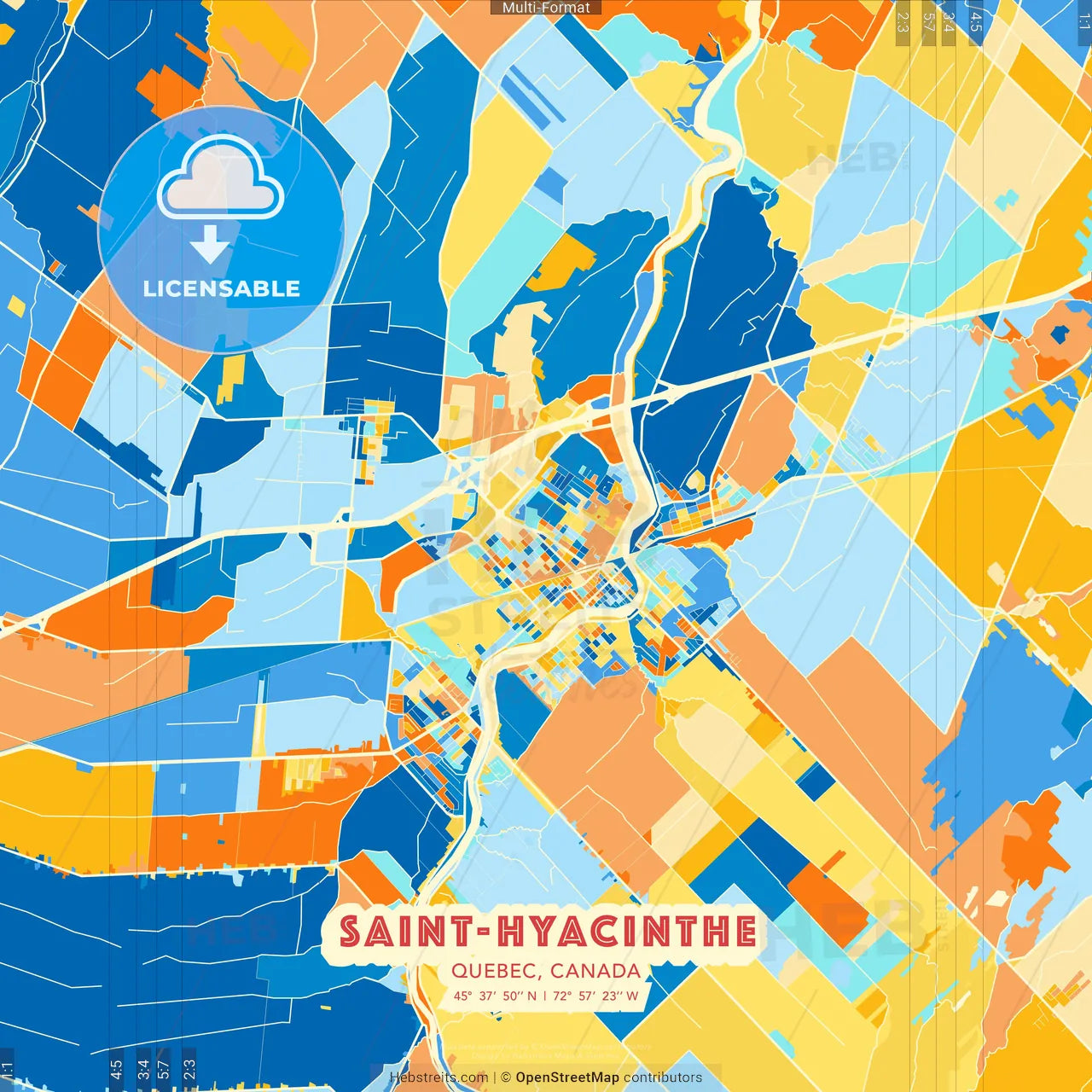 Saint-Hyacinthe, Quebec, Canada blue and orange vector art map template