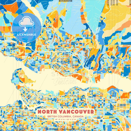 North Vancouver, British Columbia, Canada blue and orange vector art map template