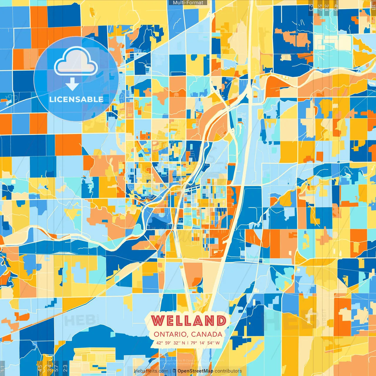 Welland, Ontario, Canada blue and orange vector art map template