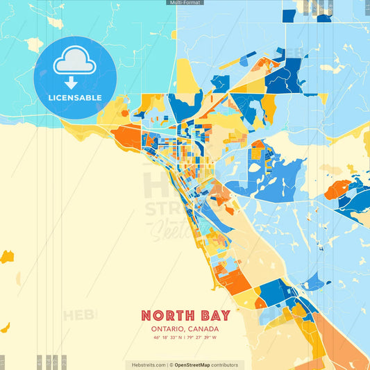 North Bay, Ontario, Canada blue and orange vector art map template