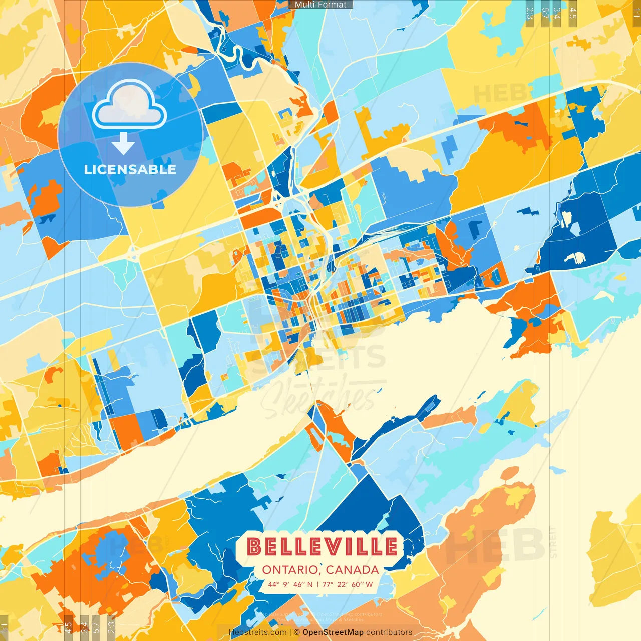 Belleville, Ontario, Canada blue and orange vector art map template