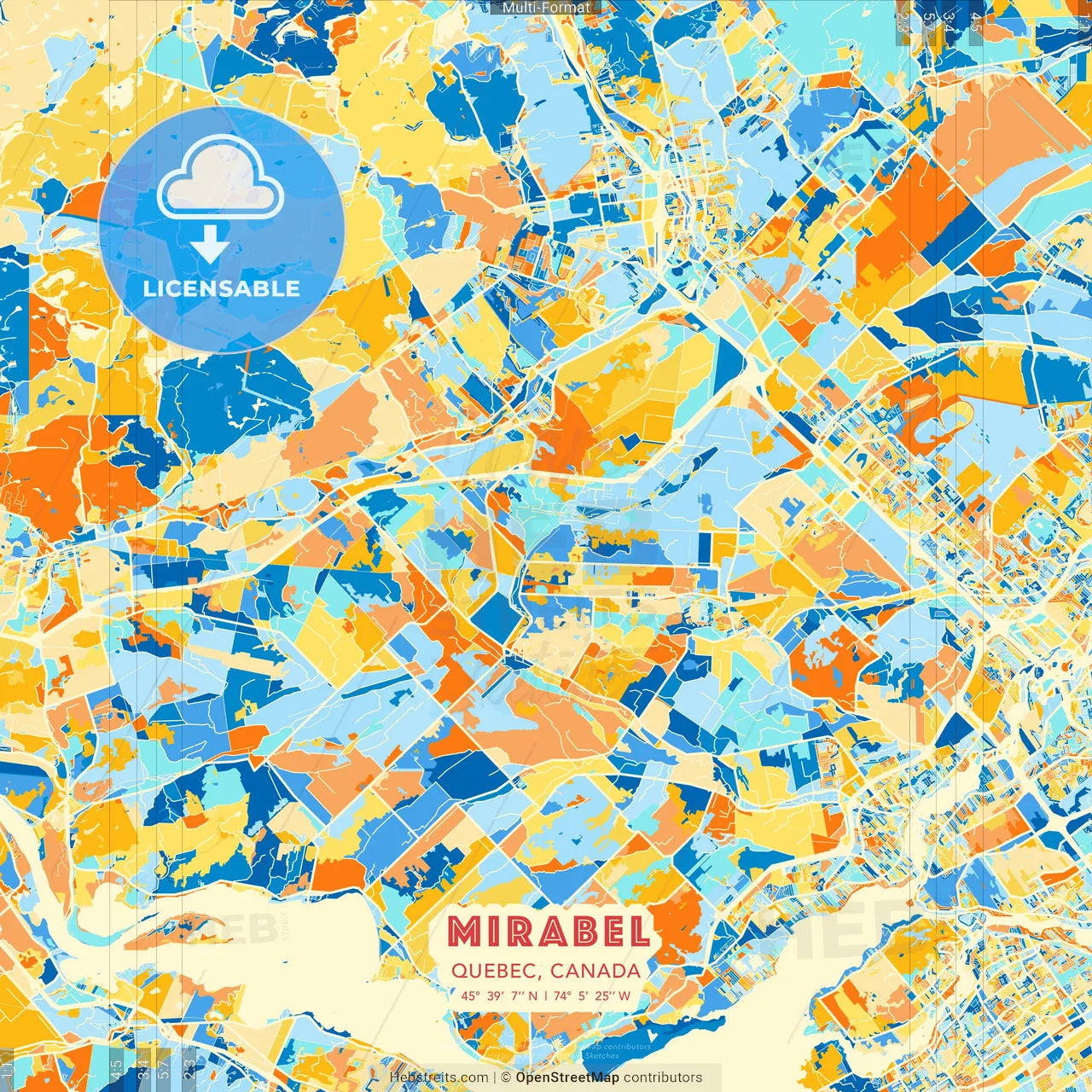 Mirabel, Quebec, Canada blue and orange vector art map template