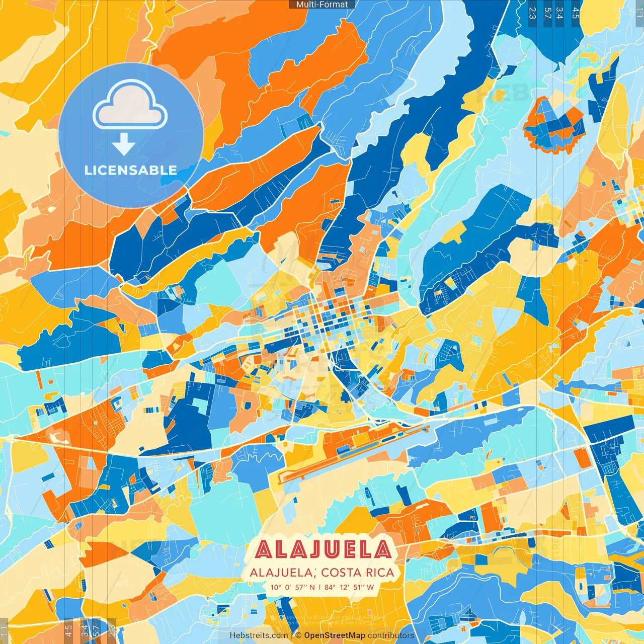 Alajuela, Alajuela, Costa Rica blue and orange vector art map template