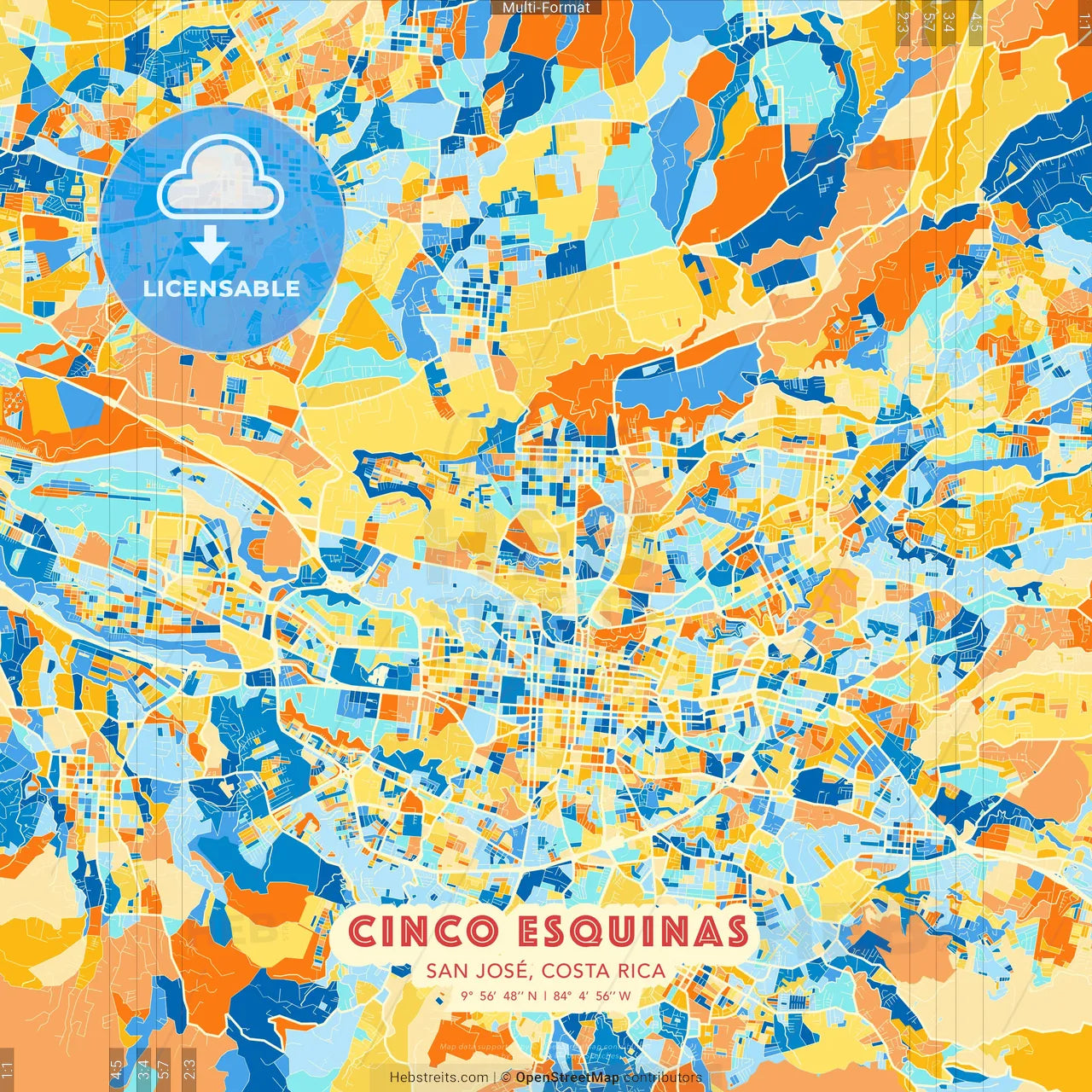 Cinco Esquinas, San José, Costa Rica blue and orange vector art map template