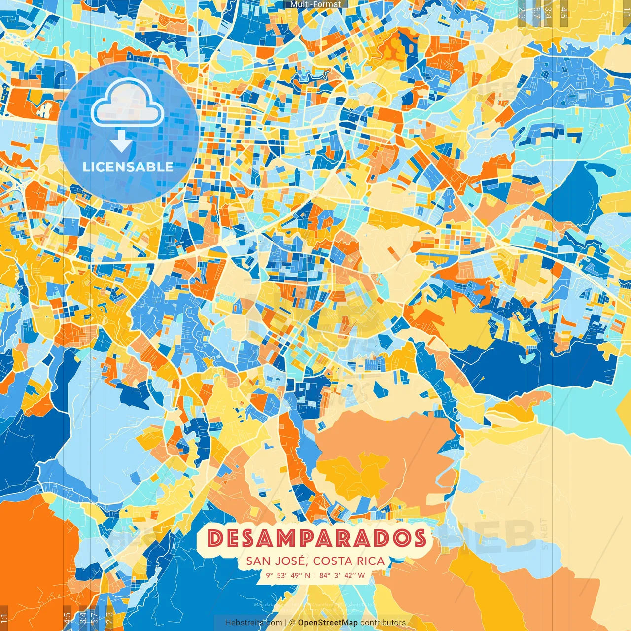 Desamparados, San José, Costa Rica blue and orange vector art map template