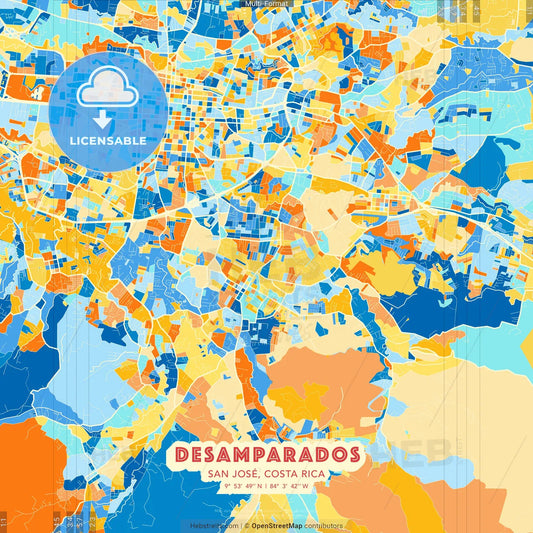 Desamparados, San José, Costa Rica blue and orange vector art map template