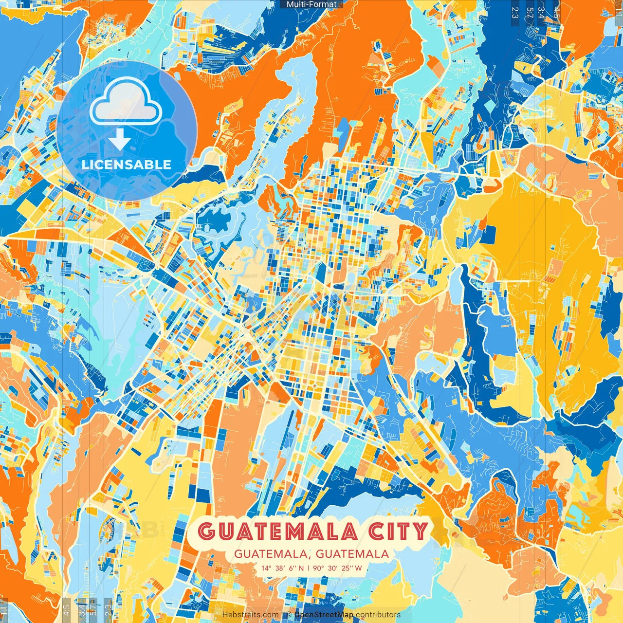 Guatemala City, Guatemala, Guatemala blue and orange vector art map template