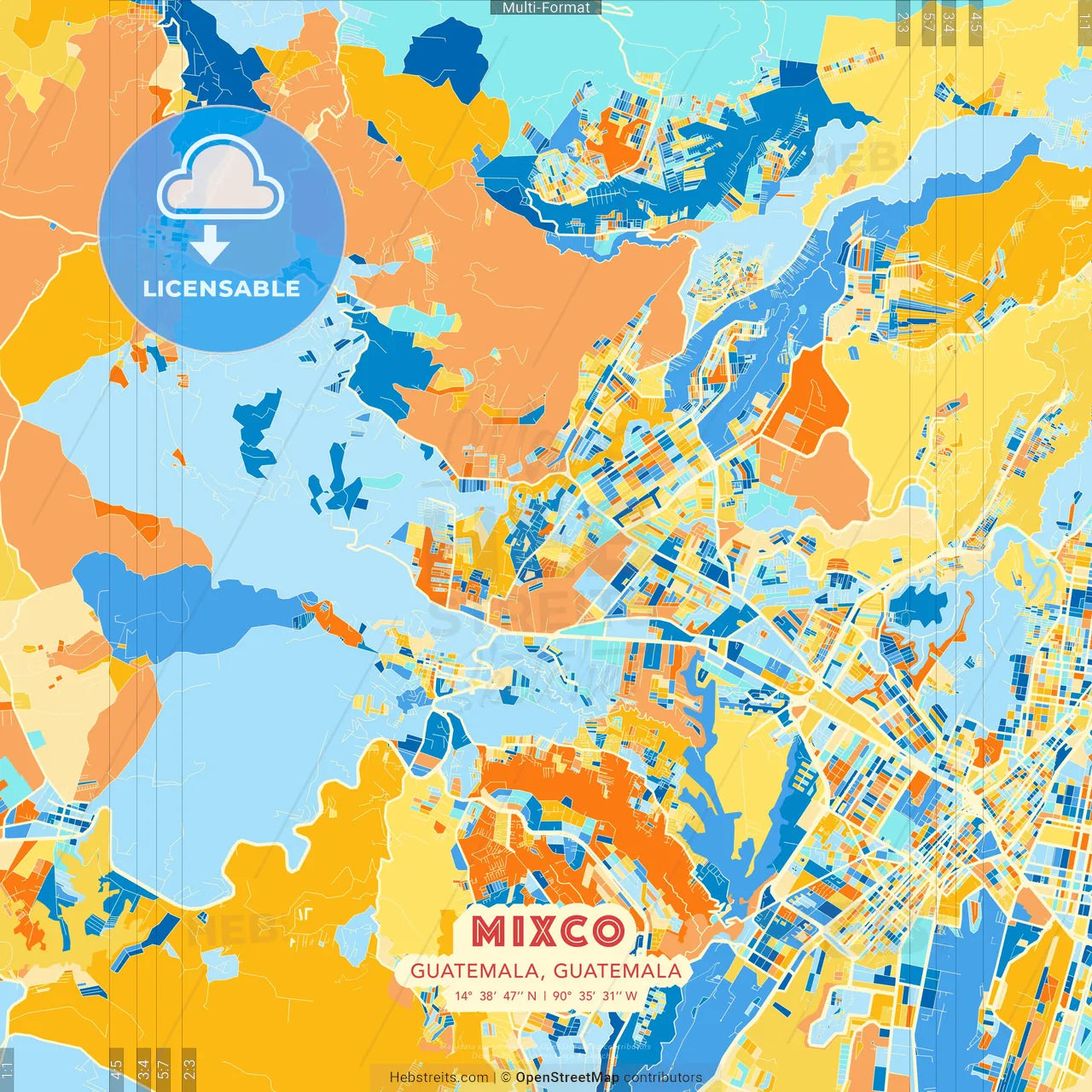 Mixco, Guatemala, Guatemala blue and orange vector art map template