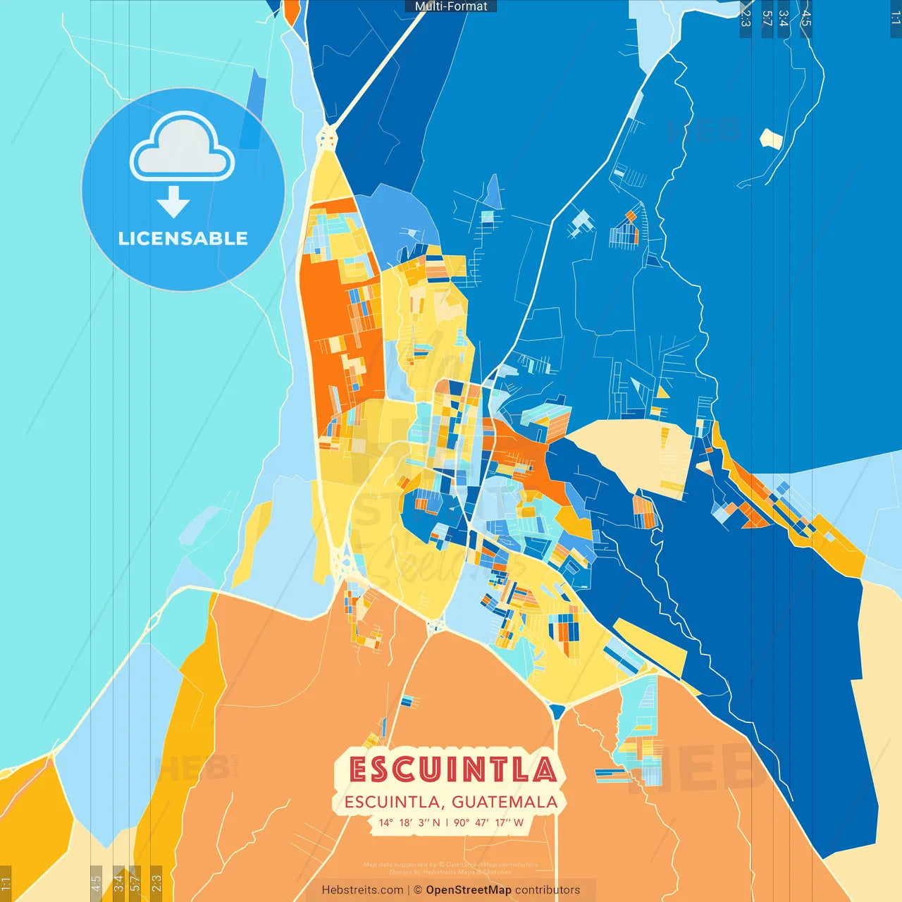 Escuintla, Escuintla, Guatemala blue and orange vector art map template